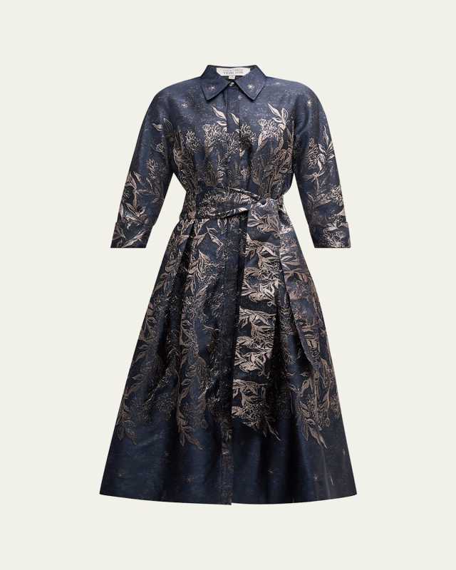 Floral Metallic Jacquard Midi Shirtdress